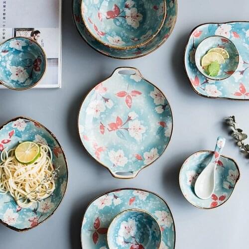 1pcs KINGLANG Flower Designed Japanese Round Dinner Plate Kitchen Household Dish Plate with Handle