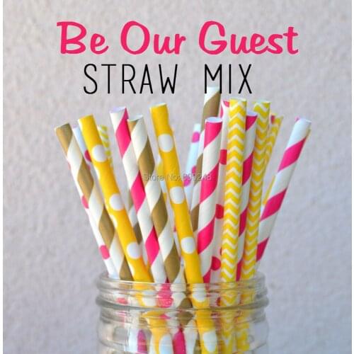 100pcs Mixed Colors Be Our Guest Pink Gold Yellow Tea Party Bright Colored Paper Straws,Dessert Sticks,Wedding,Party Drinks