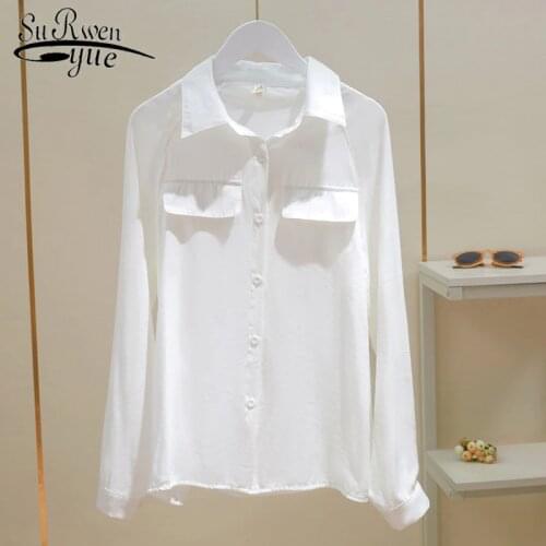 2021 Spring Simple solid Cotton Long-Sleeve chiffon blouse Female Womens New Casual Loose Slim Shirt Pure White Shirt 8925 50
