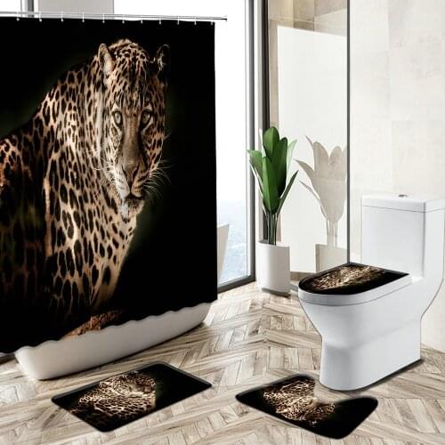 3D Leopard Wild Animal Shower Curtain Lion Tiger Elephant Beast Home Bathroom Decor Non-Slip Rug Toilet Lid Cover Bath Mat Set