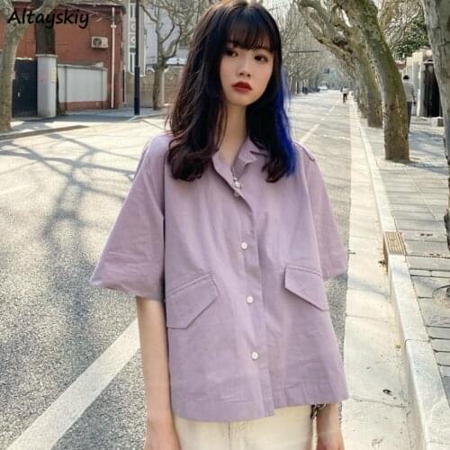 Blouses Womens Summer Solid Turn-down Collar Single Breasted Pockets Plus Size 2XL Loose Retro All-match Outwear Harajuku Chic