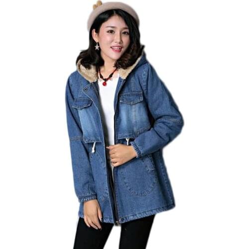 Long section plus thick velvet hooded cotton long-sleeved denim jacket 2019 autumn winter fur fleece hooded cotton denim jacket