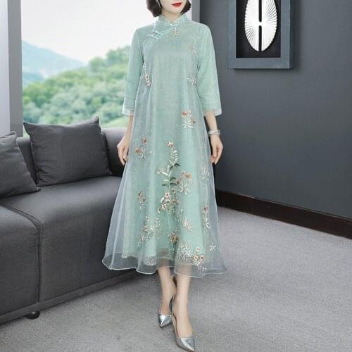 2020 summer new style cheongsam young girl retro style heavy industry embroidery small fresh long dress