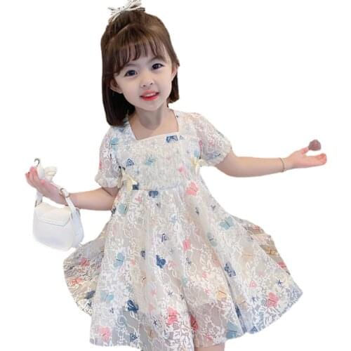Baby Girl Lace Butterfly Print Dresses for Weddings Party 2 To 8 Year Boutique Princess Bow Clothes Kids Festival Ruffle Dress