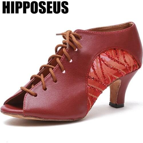 Hipposeus Women Dance Shoes Female Latin Ballroom Salsa Tango Modern Dance-Shoes Girls Soft Bottom Thin Heel Dancing Shoes Party
