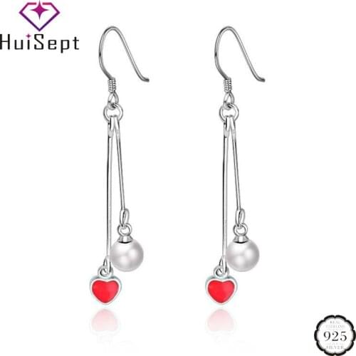 HuiSept 925 Silver Drop Earrings Small Red Heartshape Pearl Earrings Sweet Love Ear Jewellery for Female Wedding Party Wholesale