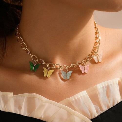 Summer Colorful Butterfly Pendant Clavicle Necklace Alloy Gold Thick Chains Short Necklaces Jewelry Accessories Gifts