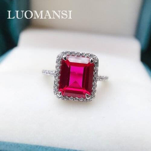 Luomansi 2021 New Jewelry Real S925 Silver 8*10 Rectangular Red High Carbon Diamond Big Ring Womens Party Anniversary