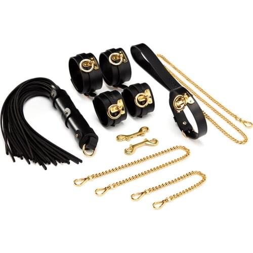 Real Leather BDSM Adult Toys Tool Kits Bondage Genuine Leather Handcuffs Ankle Cuff Whips Adult Restraint Set Collar Shackles