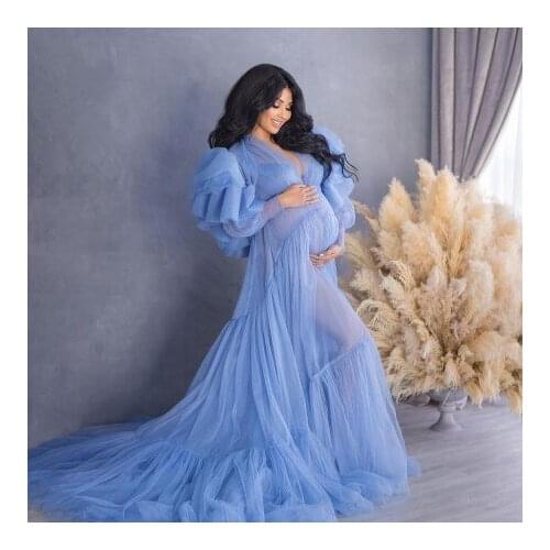 2021 New Designer Blue Tulle Pregnancy Dresses For Photo Shoot Puffy Long Sleeves V Neck Sheer See Thru Maternity Robes