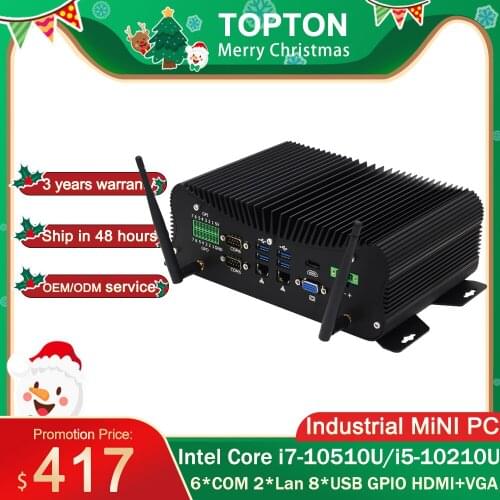 TOPTON New 10th Gen Industrial Fanless Mini Computer Intel i7 10510U i5 10210U Rugged PC 6*COM 2*Lan 8*USB GPIO HDMI+VGA 4G WiFi