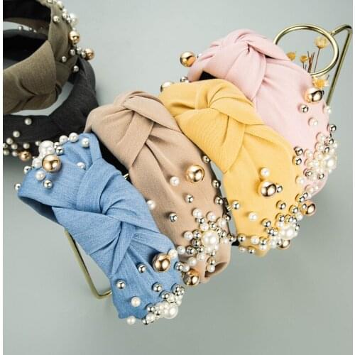 New Women Bowknot Pearl Hairband Cross Knotted Head Band Girl Fashion Fabric Headband Solid Head Hoop Hair Accessories