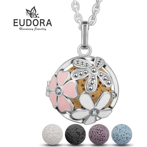EUDORA Plated Sliver Pink Flower Locket Pendant Necklace fit 20mm Volcanic Lava Stone Ball Sweater Chain For Women Birthday gift