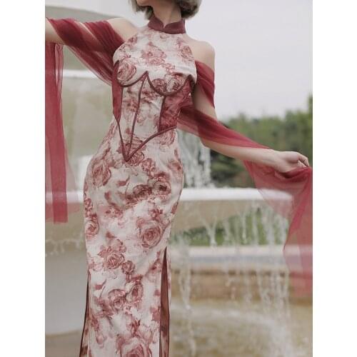 Four Jin Homemade Nylon Garden Niche off-the-Shoulder Improved Long Original Daily Cheongsam Dress