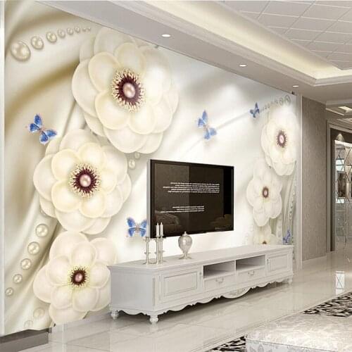 Custom Mural Wallpaper European Style Luxury Diamond Pearl Flower 3D Jewelry Wallpaper Living Room TV Background Wall 3D Murals
