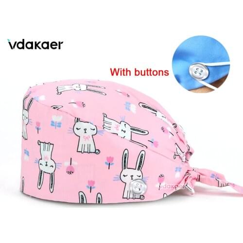 Unisex Scrubs Caps with Button Women Men Nursing Cap Pattern Printed Adjustable Bandage Reuseable Hats Accessories