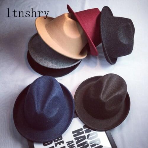 2019 Wide Brim pin Black Flat Brim Felt Jazz Hat Autumn Winter Bowler Hats for Women Men prom Party cap Solid color Gorra