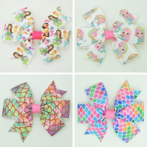 SUPWRF 3.1'' Mermaid scale kids hair accessories hair bows With Clip hair ties Printed Ribbon headwear wholesale 20 PCS T0929