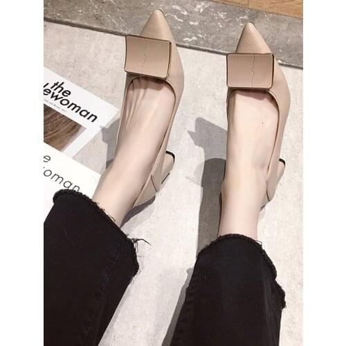 2021 spring and autumn new womens thick heel square buckle shoes Korean fashion wild fairy style pointed high heels