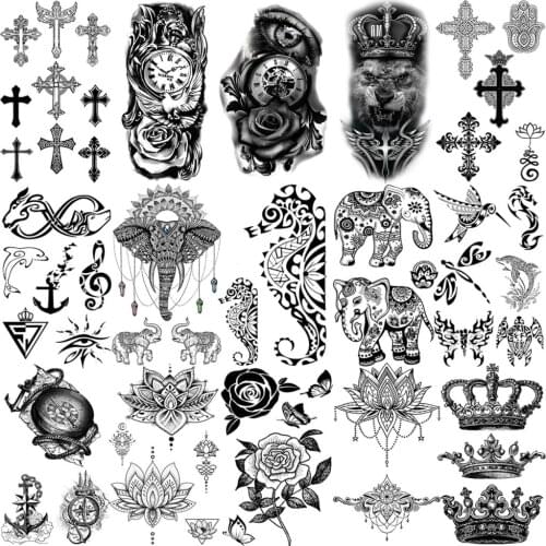 3D Seahorse Elephant Mandala Temporary Tattoos For Women Men Kids Cross Lotus Flower Tatoos Anchor Crown Lion Fake Tattoo Small