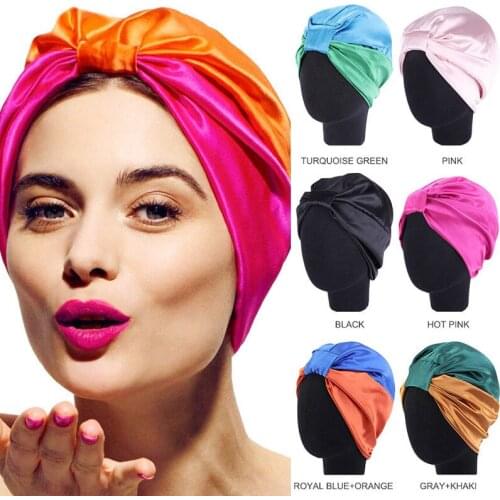 Splicing Colors Muslim Hat Folding Cross Knotted Hair Ribbon Scarf Elastic Satin Hair Hats Beanie Lady Headdress Cap Bandanas