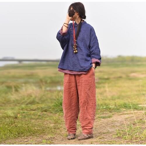 Women Spring Autumn Solid Color Retro Handmade Button Blouse Tops Ladies Chinese style Shirt Female 2020 Vintage Loose Shirts