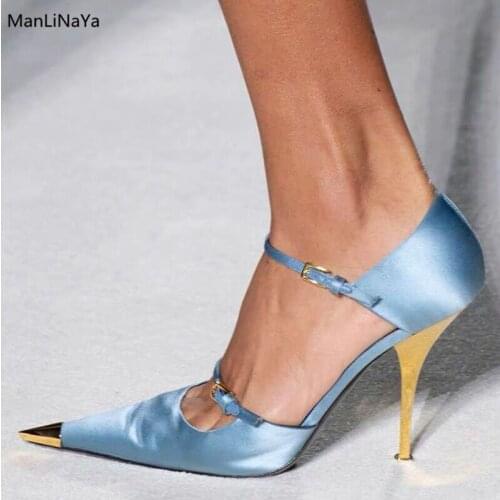 2019 Autumn Satin Metal Pointed Toe Women Pumps Gold Thin Heel Buckle Belt Silk Women Dress Shoes Sexy Runway Female Mary Janes