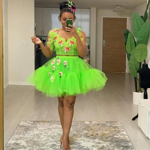 Garden Neon Green Short Women Suits 2 Pieces Women Dress Short Floral Top And Puffy Skirt Birthday Outfit Ropa De Mujer 2020