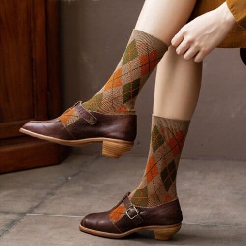 Women Ethnic Argyle Plaid Print Crew Socks Vintage College Preppy Style Hosiery