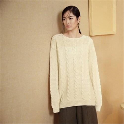 100% hand made pure wool jacquard knit women fashion loose Oneck pullover sweater one&over size