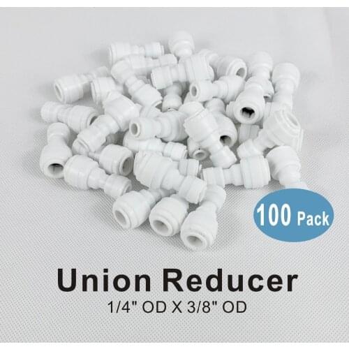 100 PACK OF Straight Union Reducer 1/4" to 3/8" OD Quick Fitting Connector for Water Filters and Reverse Osmosis Systems