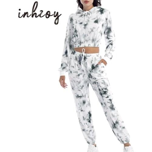 2Pcs Womens Tie Dye Hooded Pajamas Sets Long Sleeve Tops and Pants Joggers PJ Sets Nightwear Loungewear