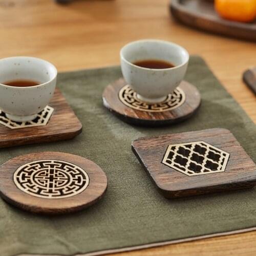 4-piece Set Wood Coasters Square and Round Desktop Heat-resistant Mat High-quality Carved Cup Pads Tea Cup Holder Bowl Mat