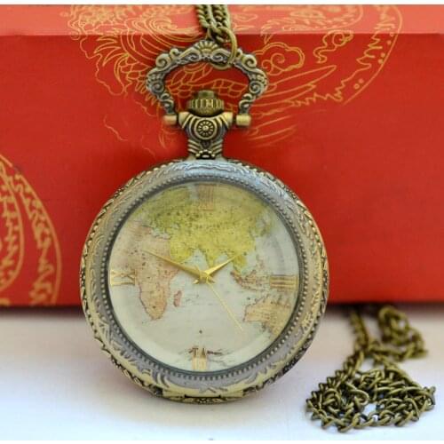9015 Vintage Bronze World Map Transparent Glass Pocket Watch Fashion Good Quality Quartz Watch Necklace