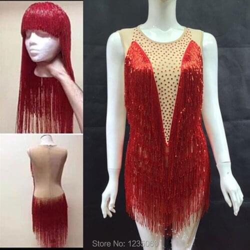 Shining Handmade bead tube tassel Bodysuit Nigthclub bar One-piece Headpiece Costume GOGO Stage Leotard outfit