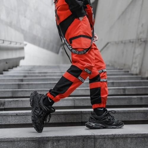 Cargo pants for men White Orange Black color Hiphop punk style Many pockets Patchwork 2020 Spring Summer
