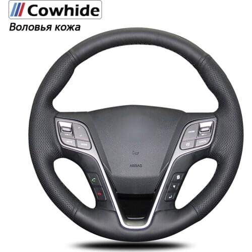 Handsewing Black Genuine Leather Car Steering Wheel Cover for Hyundai Santa Fe 2013 Grand ix45 Accessories interior