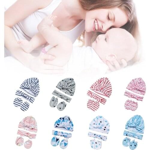 Baby Anti-scratching Gloves Knotted Headband Hat Set Newborn Mittens Hair Band Beanie Cap Kit for Infants