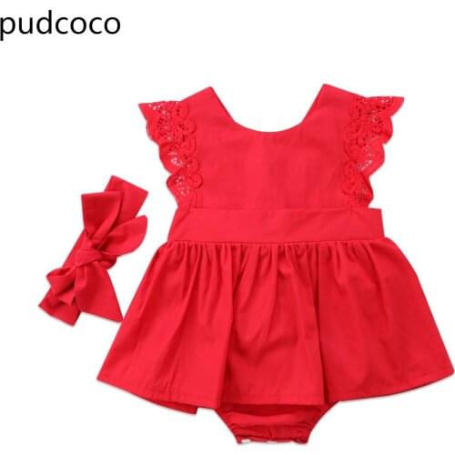 Red Christmas Baby Girl Lace Princess Romper Dress Summer Backless Flower Dress Jumpsuit Clothes Xmas Headband Outfits Clothing