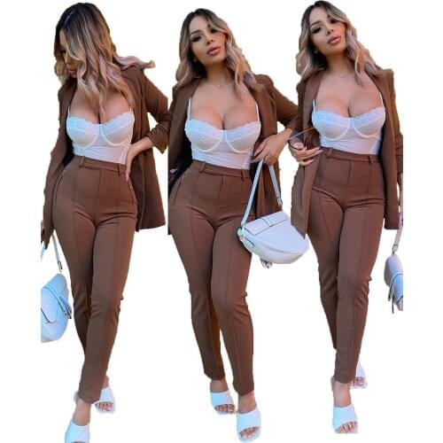 Classic Women Brown Suit Sets 2021 Spring Newest Long Sleeves Blazer Coat + Pencil Pants Elegant Two Piece Office Lady Outfits