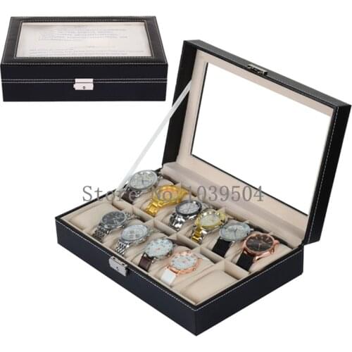 2020 New Watch Boxes Case WIth Lateral Lock Black PU Leather Watch Organizer With Glass Watch Storage Bracelet Gift Box Holder