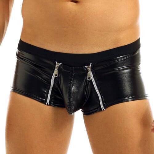 Men Sexy Lingerie Briefs Shorts Clubwear Faux Leather Zipper Open Pouch Boxer Shorts Underwear Exotic Panties Exotic Boxershorts