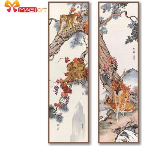 Cross stitch kits Embroidery needlework sets 11CT water soluble canvas patterns 14CT Animal Style Monkey and deer-NCMA140