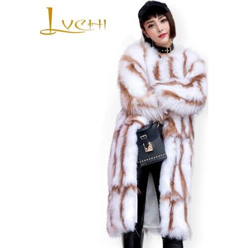 LVCHI Winter 2019 Long Sleeve Real Fox Fur Coats O-Neck Slim Real Natural Fox Fur Coat Womens Striped Causal Medium Fox Coats