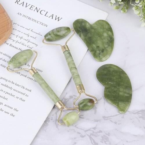 2Pcs/set Natural Jade Stone Facial Massage Roller Guasha Board Body Skin Face Neck Thin Lifting Up Beauty Tools