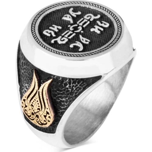Tulip Style Silver Men Ring Round Turkish Letter Men Ring High Quality Fashionable Turkish Men Ring