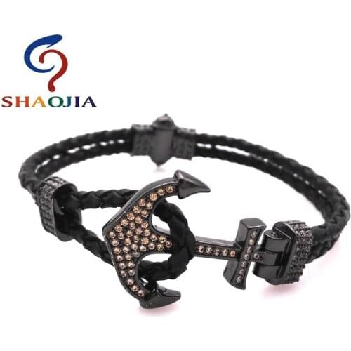 SHAOJIA FASHION Men Bracelet Micro-white Zircon Black Braided Rope Anchor Leather Chain Bracelets Punk Rock Style Male Jewelry