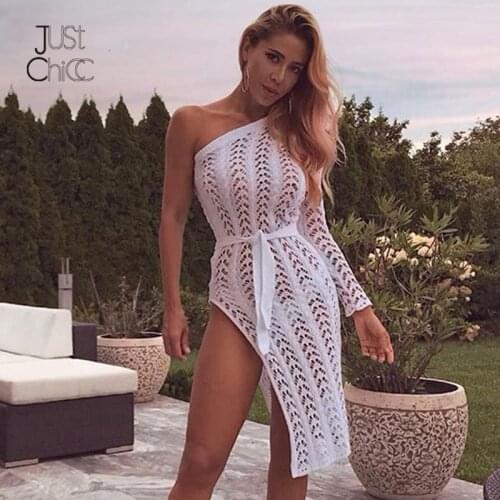 Justchicc Knitted Hollow Out Sexy Women Dress Summer 2018 New Belt Bodycon White Midi Dress Elegant Long Sleeve Dresses Vestidos