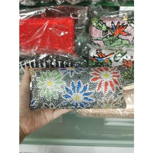 High Quality Gray Color Colorful Floral Diamond Women Handbag Prom Party Dinner Lady Rhinestone Crystal Clutch Bag Evening Purse