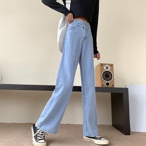 Women High Waist Pockets Buttons Loose Denim Pants Long Jeans Wide Leg Trousers